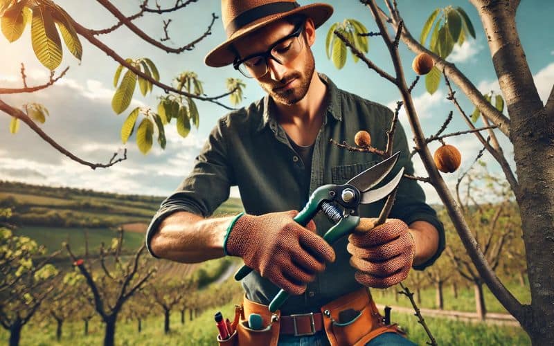 foto di un uomo che pota il noce