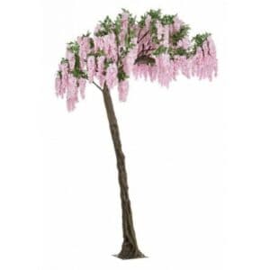 Una composizione floreale di fiori viola, piante, alberi e un simbolo a forma di croce, rappresentano una bellezza incantevole ed un significato profondo