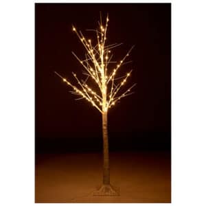 Immagine di un albero di larice con una lampada di CarLampada sospesa tra i rami, mentre in lontananza si vedono i fuochi dartificio scoppiare in una notte illuminata dai fari di unauto