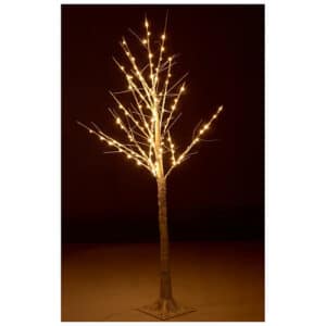 Immagine di un albero di larice con una lampada ad arco sopra, mobili antichi intorno ad esso, con una pianta ai suoi piedi e uno sfondo di fuochi dartificio una scena di magia e meraviglia