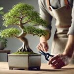 foto di una donna che pota il faggio bonsai